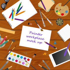 Workspace of the painter, artist. Mock up for creating your own