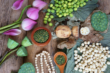 Collection lotus flower, seed, tea, healthy food