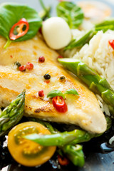Grilled chicken breast with vegetables delicious 