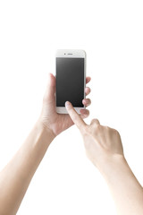 hand holding a smartphone isolated on white background