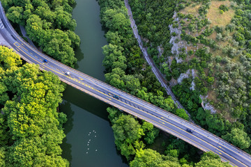 Aerial view of the bridge and the road over the river Pinios in