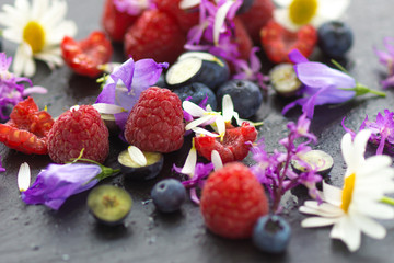 Fruit on a plate with flowers