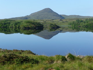Hügel und Büsche spiegeln sich im See
