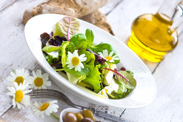 Summer leaf salad on a wooden background