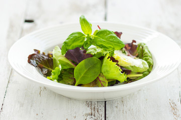 Summer leaf salad on a wooden background