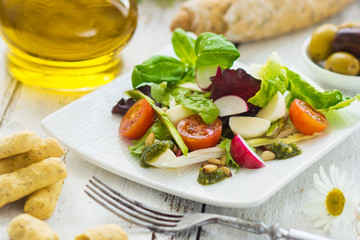 leafy salad and mozzarella with pesto and tomatoes