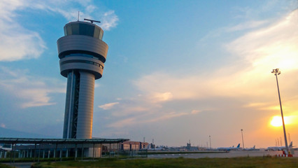 Airport control tower at sunset in Sofia, Bulgaria