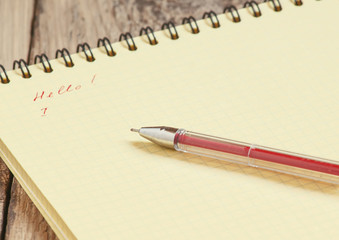 Notebook with yellow pages and a red pen, selective focus