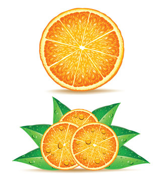 fresh orange slice with leafs and drops of juice