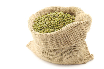 Mungo beans (Vigna radiata) in a burlap bag on a white background