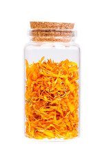 Marigold flowers (tagetes) in a bottle with cork stopper for med