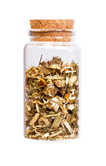 Chamomile herbal tea in a bottle with cork stopper for medical u