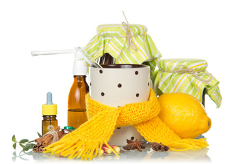 Traditional and medicamentous remedies for cold on a white backg