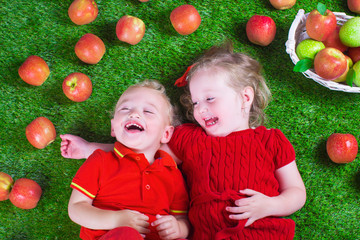 Fototapeta na wymiar Little childrenl eating apples