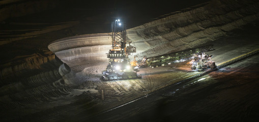 bucket-wheel excavator at night in open-cast coal mining hambach