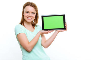 Smiling girl standing with tablet