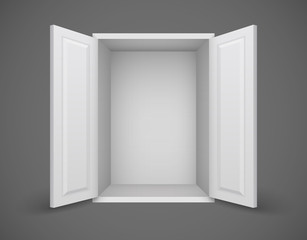 Empty white box with open doors and nothing inside. Eps10
