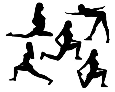  Silhouettes of Women in Yoga poses and sport exercises on a whi