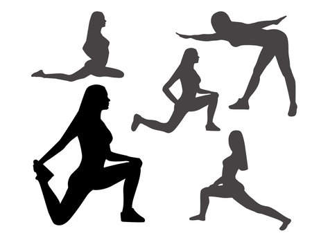 Silhouettes of Women in Yoga poses and sport exercises on a whit