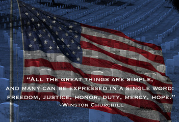 Flag, Fort Rosecrans National Cemetery, and Churchill quote - obrazy, fototapety, plakaty