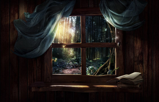 Fototapeta Magic window with fairy forest  