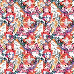 Autumn leaves.  Watercolor hand drawn seamless pattern.