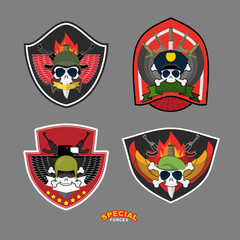 Set military and armed labels logo. Vector illustration. Skull,