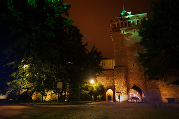 St. Florian's Street gates at night in Krakow