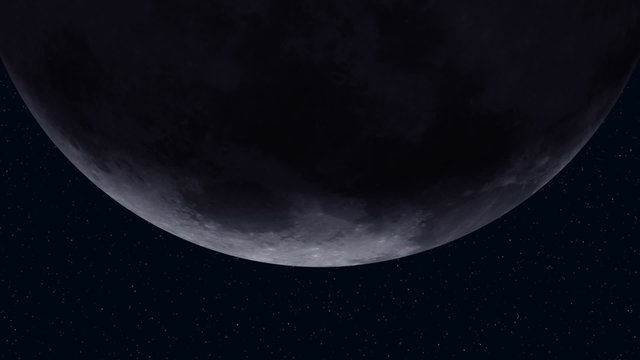 Dark Moon Shadow (25fps). Against a starry background, a shadow slowly passes over the surface of Earth's Moon, eclipsing it into darkness and revealing the dark side of the Moon.