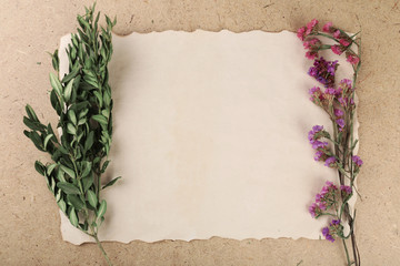 Wildflowers on sheet of paper on plywood background