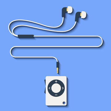 Modern mp3 player with earphones in flat style