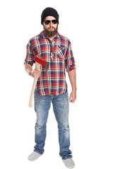 young bearded lumberjack posing with ax