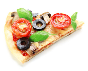 Slice of tasty pizza with vegetables and basil isolated on white
