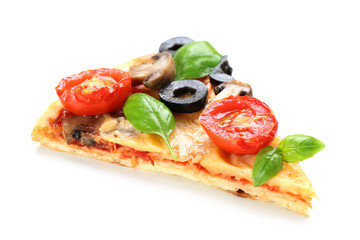 Slice of tasty pizza with vegetables and basil isolated on white