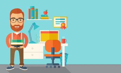 Student or lecturer carrying a stack of books.