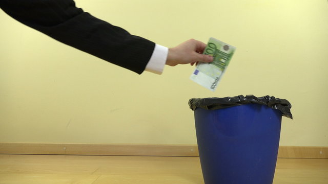 businessman hand throw cash euro money banknotes in can bin. 4K