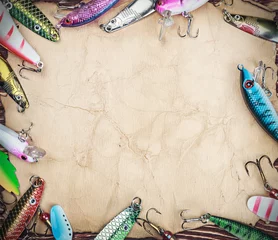 Photo sur Plexiglas Pêcher Cadre avec leurres spinner et appâts de pêche