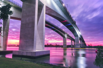 The Gateway Bridge at sunset in Brisbane.