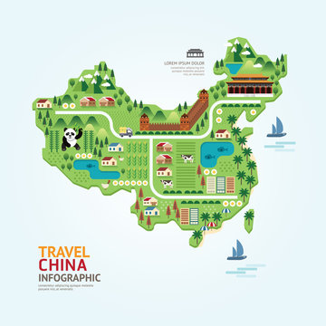 Infographic travel and landmark china map shape template design.
