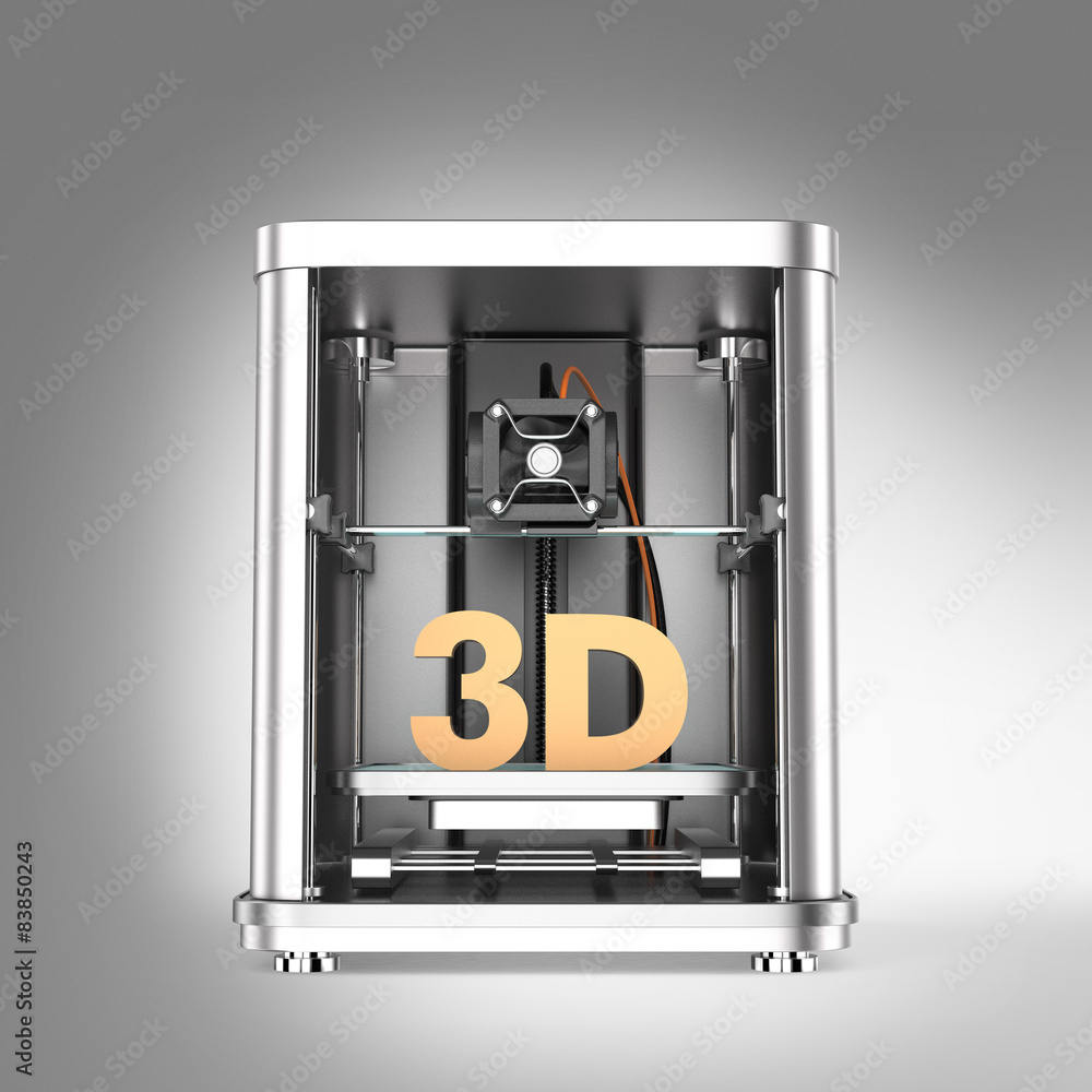 Poster 3d printer and solid 3d text inside. clipping path available.
