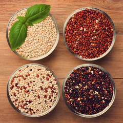 White, red, black and mixed raw quinoa grain