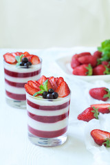 Delicious traditional panna cotta sweet dessert food in glass