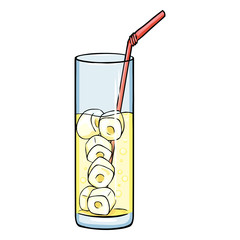 Vector Cartoon Glass of Lemonade on the Rocks with a Pink Straw.