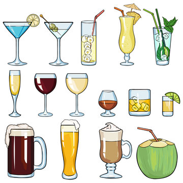 Vector Set of Cartoon Cocktails and Alcohol Drinks