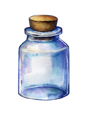 watercolor sketch: Empty glass jar on a white background