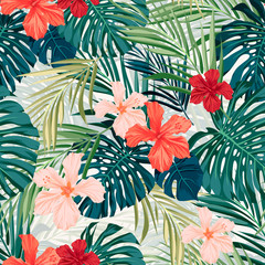 Bright colorful tropical seamless background with leaves and