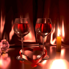 Romantic scene with glasses of good red wine,a rose, lit candle