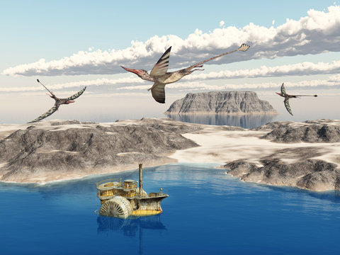 Ocean landscape with steamboat and the pterosaur Rhamphorhynchus