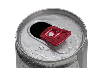 open drink can on white background