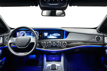 Fototapeta premium Car interior dashboard black with blue ambient light